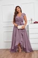 Detalle de elegante vestido de gasa lavanda de talla grande con escote en V y volantes - 3XL / Morado