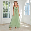 Elegant light green v-neck maxi evening dress with a waist bow and high side slit - S / Lime