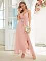 Elegant light pink V-neck slip maxi dress with bow belt and side slit for bridesmaids - Coral Pink