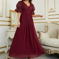 Elegant wine red evening dress featuring V-neck lace bodice and flowing chiffon skirt - S / Burgundy