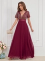 Elegant burgundy V-neck evening gown with gold sequin bodice and flowing chiffon skirt - S / Burgundy