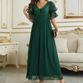 Elegant dark green short-sleeve lace maxi dress with V-neck and high waist design - S / Dark Green