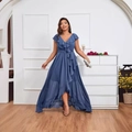 Vestido elegante de gasa azul marino talla grande con cuello en V, volantes y dobladillo asimétrico - 3XL / Azul Niebla