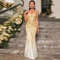 Elegante abito da sera lungo con paillettes oro champagne e profondo scollo a V - S / Oro champagne