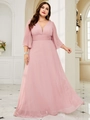 Detail of pink pleated maxi dress with elegant flared sleeves and V-neckline waist design - 1XL