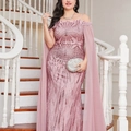 Close-up of radiant sequin embroidery on this elegant dusty rose chiffon evening gown - 3XL / Pink