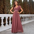 Elegantes abendkleid in altrosa mit v-ausschnitt, spitzentaille und rüschenärmeln - S / Mahagoni