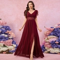 Elegante burgunderrote Abendrobe mit V-Ausschnitt, Spitze an der Taille und Beinschlitz - S / Burgunderrot