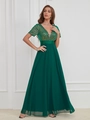 Elegante vestido de noche verde esmeralda con lentejuelas brillantes y falda de gasa - Verde Oscuro