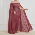 Detail of burgundy sequin evening gown with shimmering silver embroidery and mesh shawl - 3XL / Rouge Red