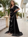 Robe de soirée noire élégante avec broderie pailletée et jupe en satin à fente latérale - S / Noir