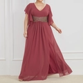Detail of burgundy V-neck plus size evening gown with sequined waist and side slit - 3XL / Rouge Red