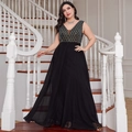 Elegant V-neck evening gown with gold sequined bodice and flowing black chiffon maxi skirt - 1XL / Black