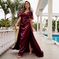 Elegant deep red evening gown with sequined bodice, v-neckline and high slit satin skirt - S / Burgundy