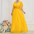 Detail of elegant yellow V-neck maxi dress with sequin waist and flutter sleeves - 3XL / Yellow