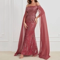 Detail of burgundy evening gown with sequin embroidery and long chiffon cape sleeves - S / Redwood