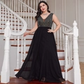 Elegantes Abendkleid mit V-Ausschnitt, Gold-Silber-Paillettenstickerei und schwarzem Chiffon - 1XL / Schwarz