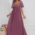 Elegante vestido de noche morado oscuro con corpiño de lentejuelas y falda de gasa - S / Morado