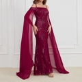 Detail of wine red sequin evening gown with sheer chiffon cape sleeves and mermaid silhouette - S / Burgundy
