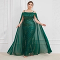 Elegant dark green sequined evening gown with lace details and a sheer chiffon shawl - 1XL / Dark Green