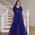 Elegant royal blue V-neck evening gown with sequins and ruffle sleeves on stairs - 1XL / Royal Blue
