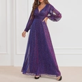 Elegante abito da sera viola con scollo a V, paillettes, maniche a sbuffo e gonna lunga - S / Viola