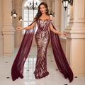 Elegante abito da sera a sirena bordeaux con paillettes dorate e maniche a mantella - S / Borgogna