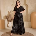 Elegantes schwarzes Maxikleid in Übergröße mit V-Ausschnitt und goldenen Metallic-Punkten - 1XL / Schwarz