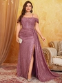 Glitzerndes Pailletten-Abendkleid mit schulterfreiem Korsett-Oberteil und hohem Beinschlitz - 0XL / Lotusrosa