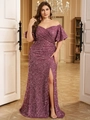 Close-up of elegant purple sequin evening gown with off-the-shoulder draped sleeve detail - 0XL / Purplish Red