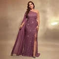 Robe de soirée élégante à paillettes violet foncé avec épaule dénudée et fente haute - 0XL / Rose Lotus