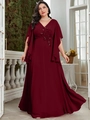 Detail of sequin floral embroidery and ruffle cape sleeves on burgundy chiffon dress - 1XL / Burgundy