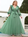 Elegant bean green V-neck chiffon maxi dress with lantern sleeves and a waist bow belt - 0XL / Green