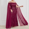 Elegant burgundy sequin evening gown with off-shoulder neckline and long chiffon cape sleeves - Burgundy