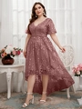 Elegant V-neck dusty rose lace dress with floral embroidery and high-low hemline - 1XL / Lotus root pink