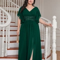 Plus size dark green V-neck evening gown with ruffle sleeves and sequin waist detail - 3XL / Dark Green