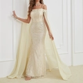 Detail of sequin embroidery and long chiffon cape on an elegant evening gown - S / Apricot