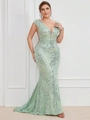 Mint green V-neck sleeveless sequined mermaid evening gown with a slim fit silhouette - 1XL / Mint Green