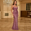 Funkelndes Abendkleid in Dunkel-Mauve mit Pailletten, V-Ausschnitt und schmaler Passform - XL / Lotosrosa