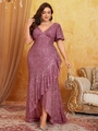 Detail of V-neck sequined mauve dress featuring short sleeves and ruffled fishtail hemline - 0XL / Lotus root pink