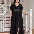 Plus size black V-neck evening gown with sequined belt and high slit dress details - Black