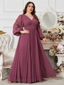 Elegante dieppaarse maxi-jurk van chiffon met V-hals, plissédetails en lantaarnmouwen - 0XL / Paarsrood
