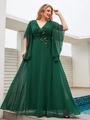 Detail of sequin embroidery on deep green V-neck chiffon gown with butterfly sleeves - 1XL / Dark Green