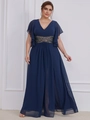 Navy blue plus size chiffon evening gown with V-neckline and sparkling sequin waist detail - Navy Blue