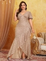 Detailed close-up of champagne sequined evening gown with V-neck and ruffled hemline - 0XL / Champagne