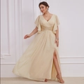 Elegant champagne V-neck evening gown with sequined waist and high slit long skirt - Apricot