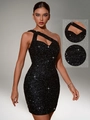 Elegantes schwarzes Pailletten-Abendkleid mit asymmetrischem Ausschnitt und schmaler Passform - S / Schwarz