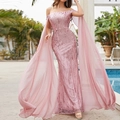 Pink off-shoulder evening gown with shimmering sequins and flowing floor-length sleeves - Pink