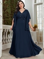 Detail of elegant V-neckline with floral embroidery on dark blue chiffon evening gown - 1XL / Navy Blue