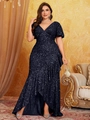 Detailed macro view of shimmering navy blue sequins on a deep V-neck evening gown fabric - 0XL / Navy Blue
